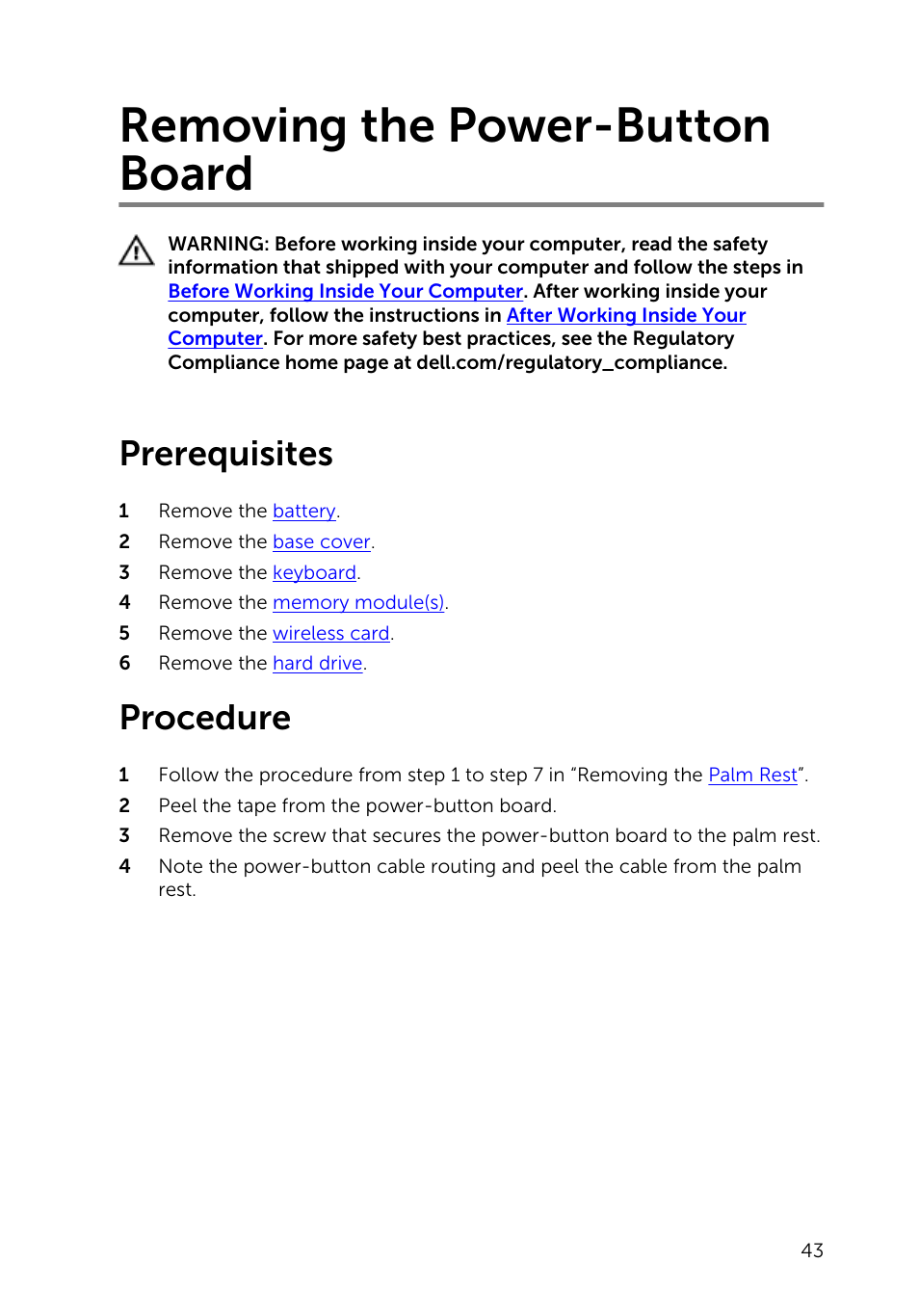 Removing the power-button board, Prerequisites, Procedure | Power, Button board | Dell Inspiron 14 (3443, Early 2015) User Manual | Page 43 / 88