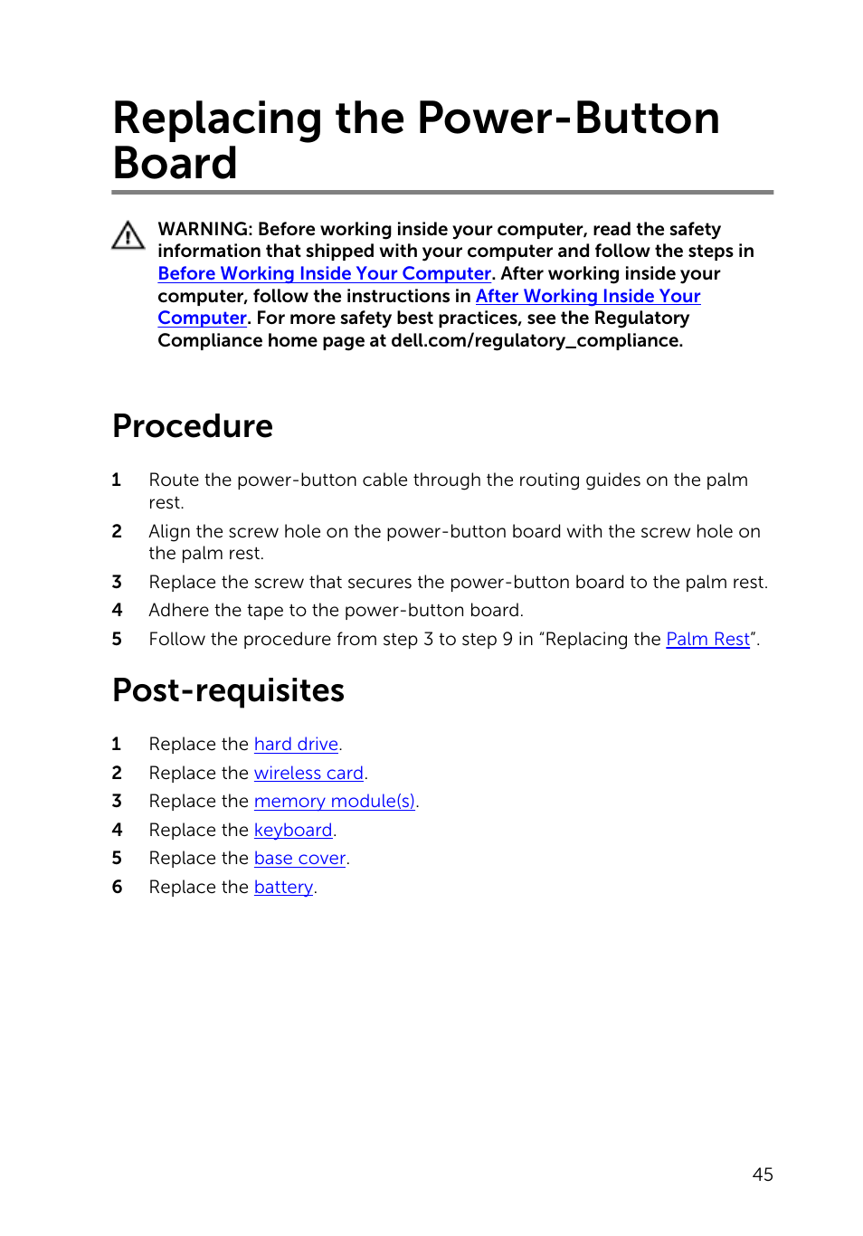 Replacing the power-button board, Procedure, Post-requisites | Power, Button board | Dell Inspiron 14 (3443, Early 2015) User Manual | Page 45 / 88