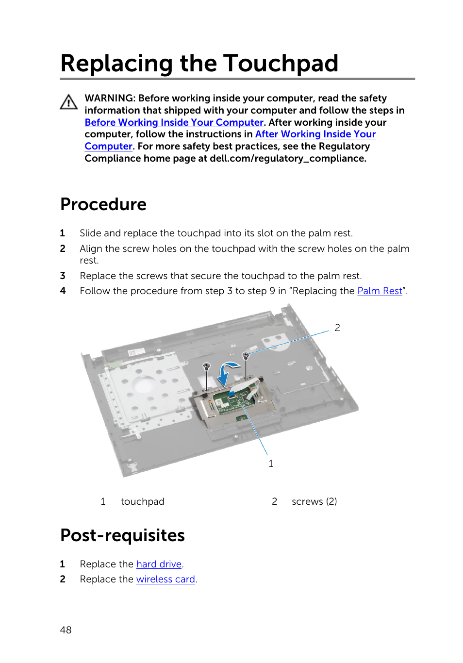 Replacing the touchpad, Procedure, Post-requisites | Touchpad | Dell Inspiron 14 (3443, Early 2015) User Manual | Page 48 / 88