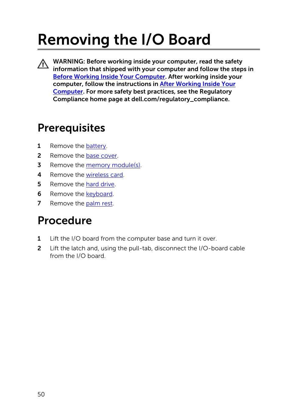 Removing the i/o board, Prerequisites, Procedure | Dell Inspiron 14 (3443, Early 2015) User Manual | Page 50 / 88