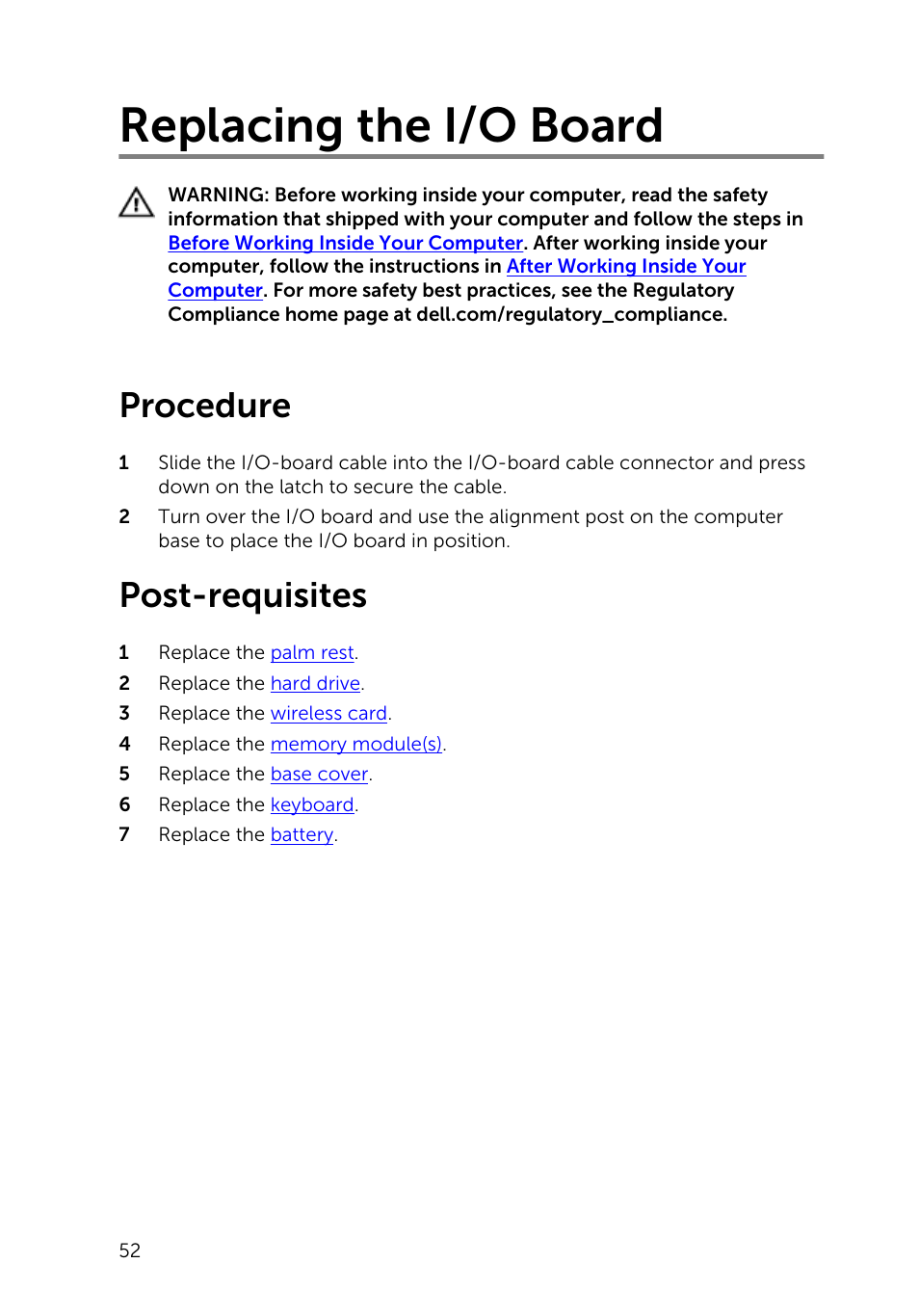 Replacing the i/o board, Procedure, Post-requisites | Dell Inspiron 14 (3443, Early 2015) User Manual | Page 52 / 88