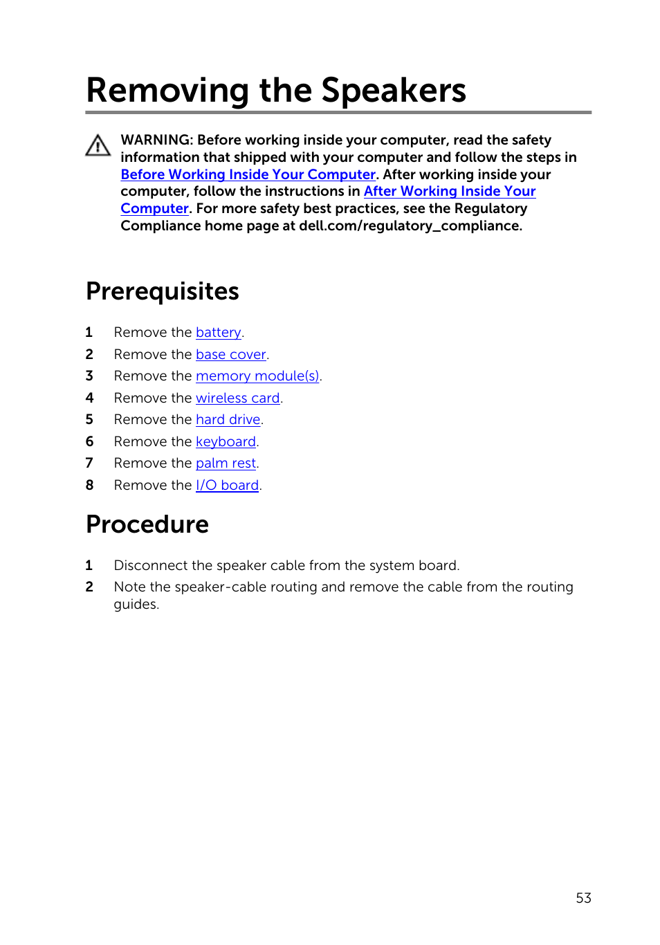 Removing the speakers, Prerequisites, Procedure | Dell Inspiron 14 (3443, Early 2015) User Manual | Page 53 / 88