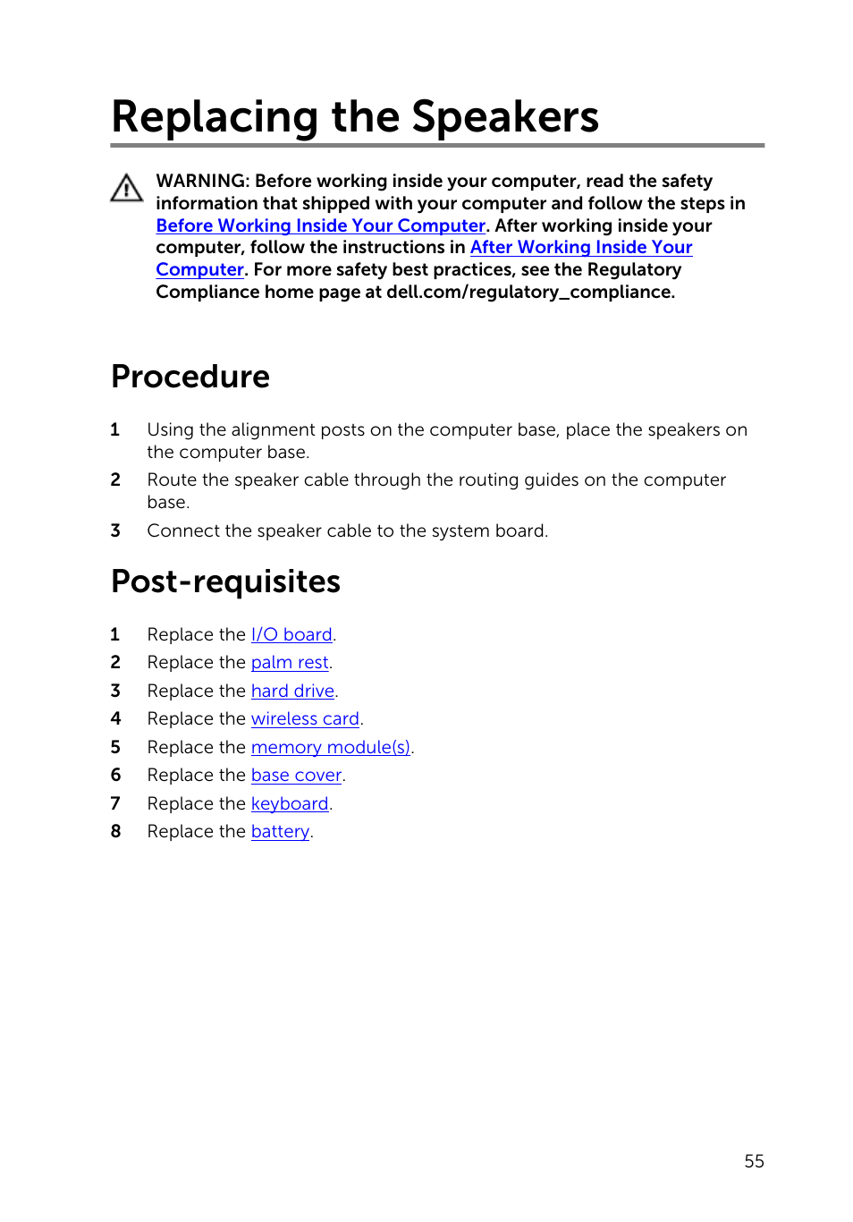 Replacing the speakers, Procedure, Post-requisites | Dell Inspiron 14 (3443, Early 2015) User Manual | Page 55 / 88