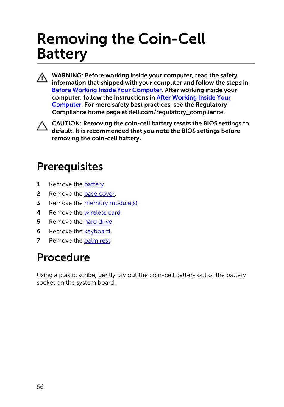 Removing the coin-cell battery, Prerequisites, Procedure | Dell Inspiron 14 (3443, Early 2015) User Manual | Page 56 / 88