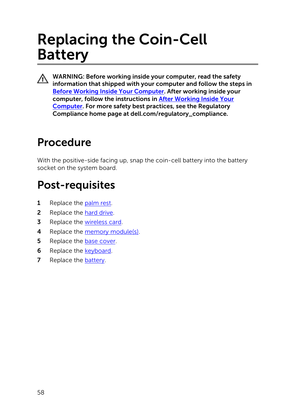 Replacing the coin-cell battery, Procedure, Post-requisites | Dell Inspiron 14 (3443, Early 2015) User Manual | Page 58 / 88