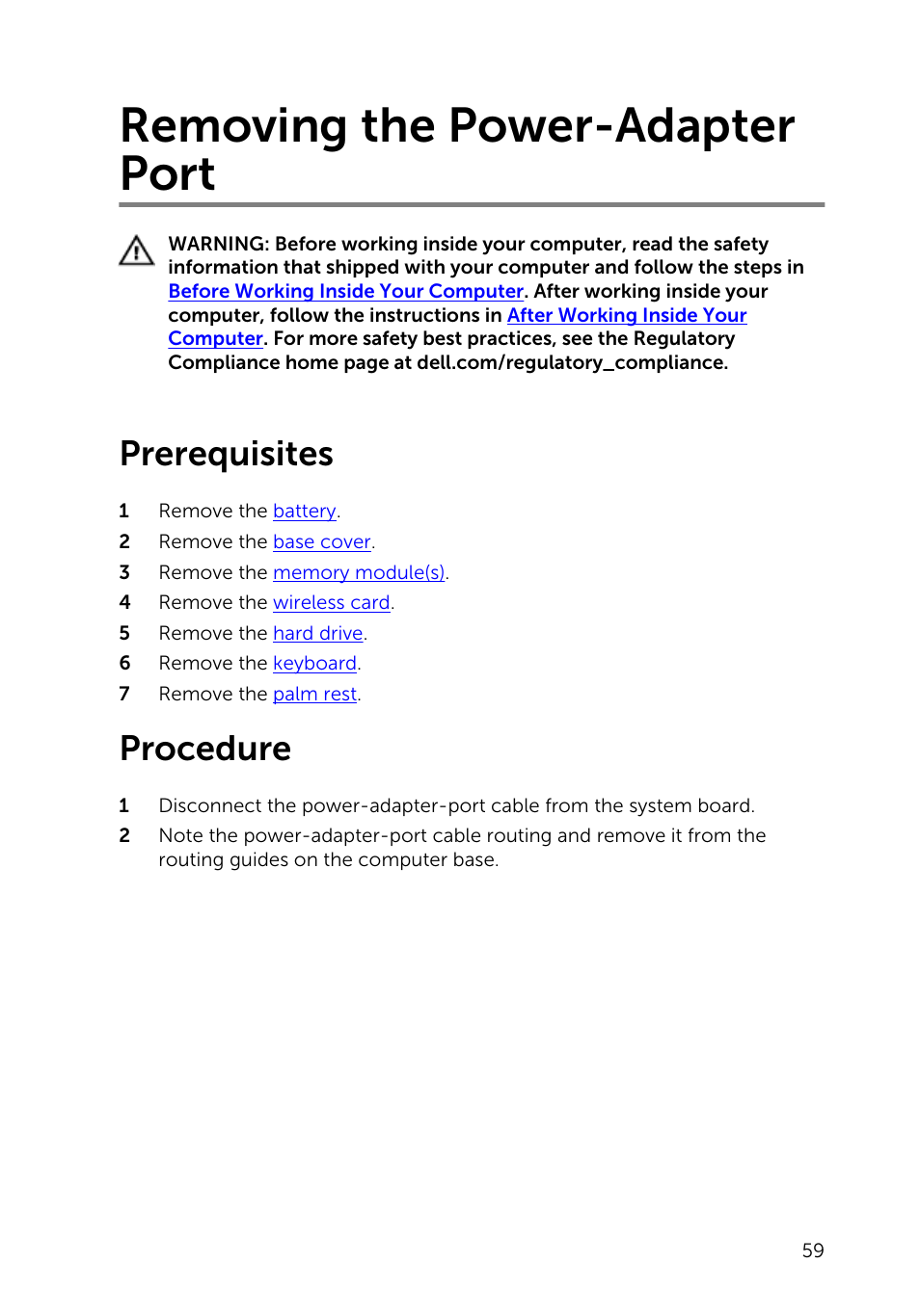 Removing the power-adapter port, Prerequisites, Procedure | Dell Inspiron 14 (3443, Early 2015) User Manual | Page 59 / 88