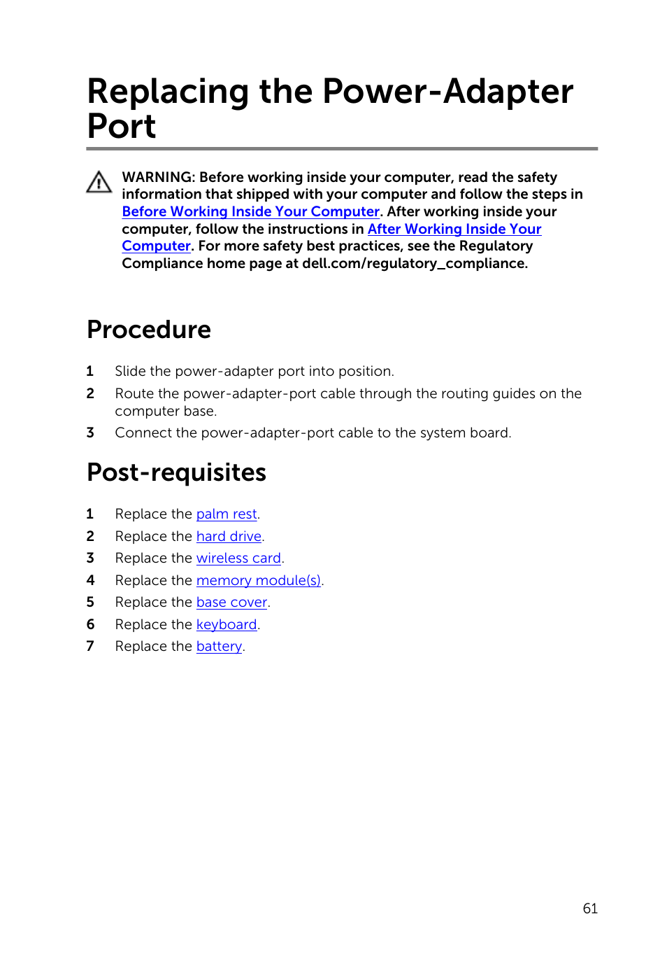 Replacing the power-adapter port, Procedure, Post-requisites | Dell Inspiron 14 (3443, Early 2015) User Manual | Page 61 / 88