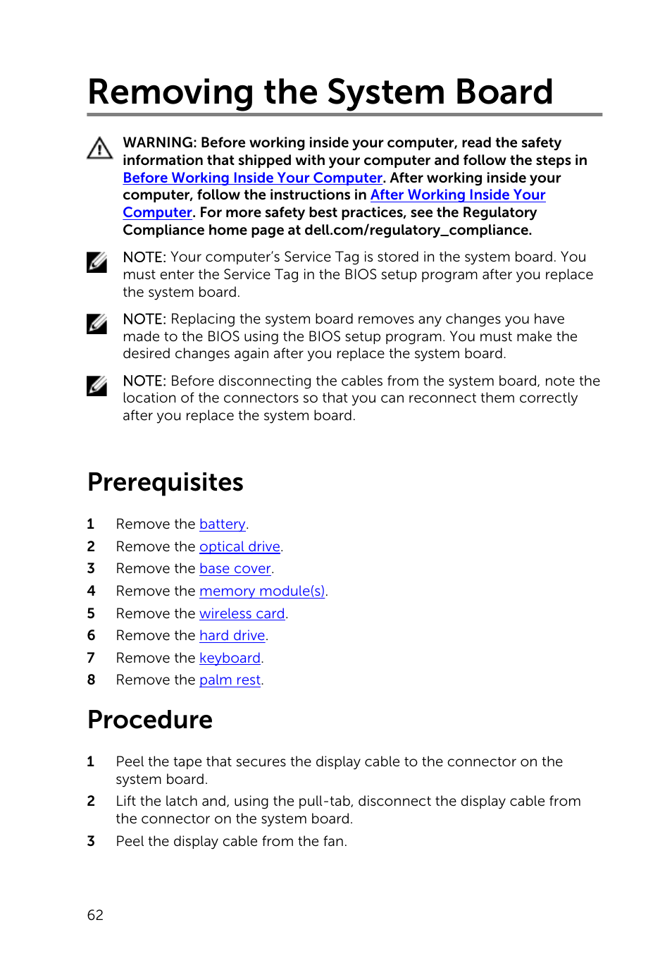 Removing the system board, Prerequisites, Procedure | Dell Inspiron 14 (3443, Early 2015) User Manual | Page 62 / 88