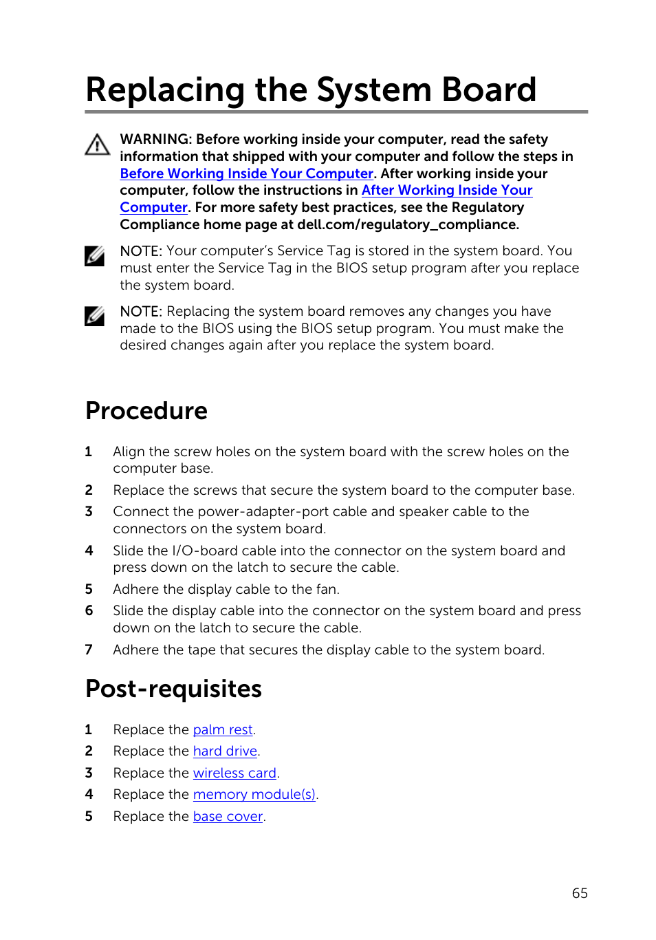 Replacing the system board, Procedure, Post-requisites | Dell Inspiron 14 (3443, Early 2015) User Manual | Page 65 / 88