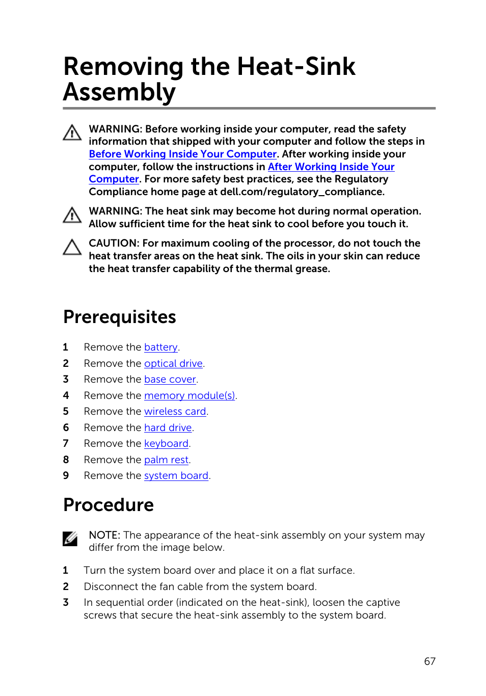 Removing the heat-sink assembly, Prerequisites, Procedure | Dell Inspiron 14 (3443, Early 2015) User Manual | Page 67 / 88