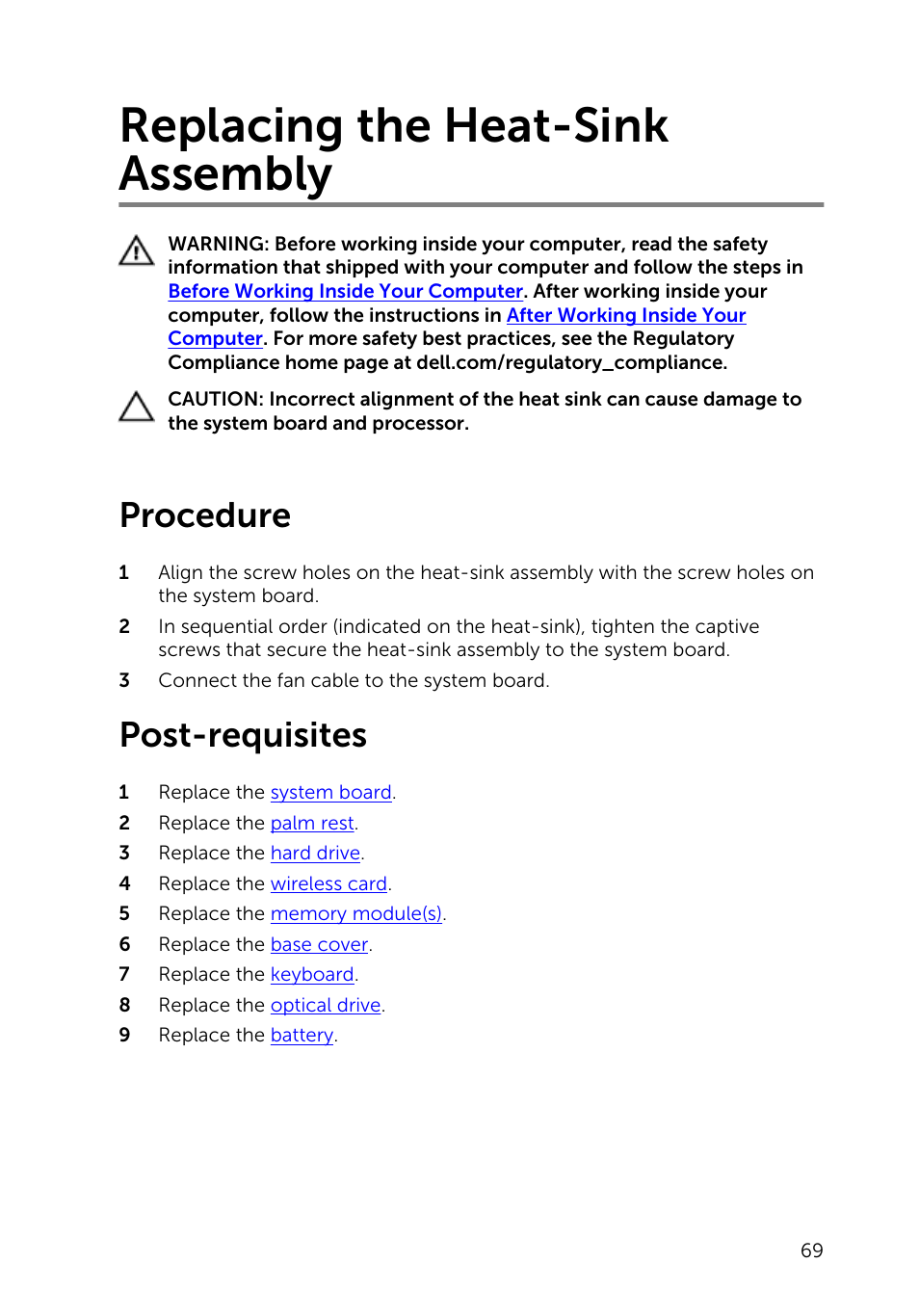 Replacing the heat-sink assembly, Procedure, Post-requisites | Dell Inspiron 14 (3443, Early 2015) User Manual | Page 69 / 88