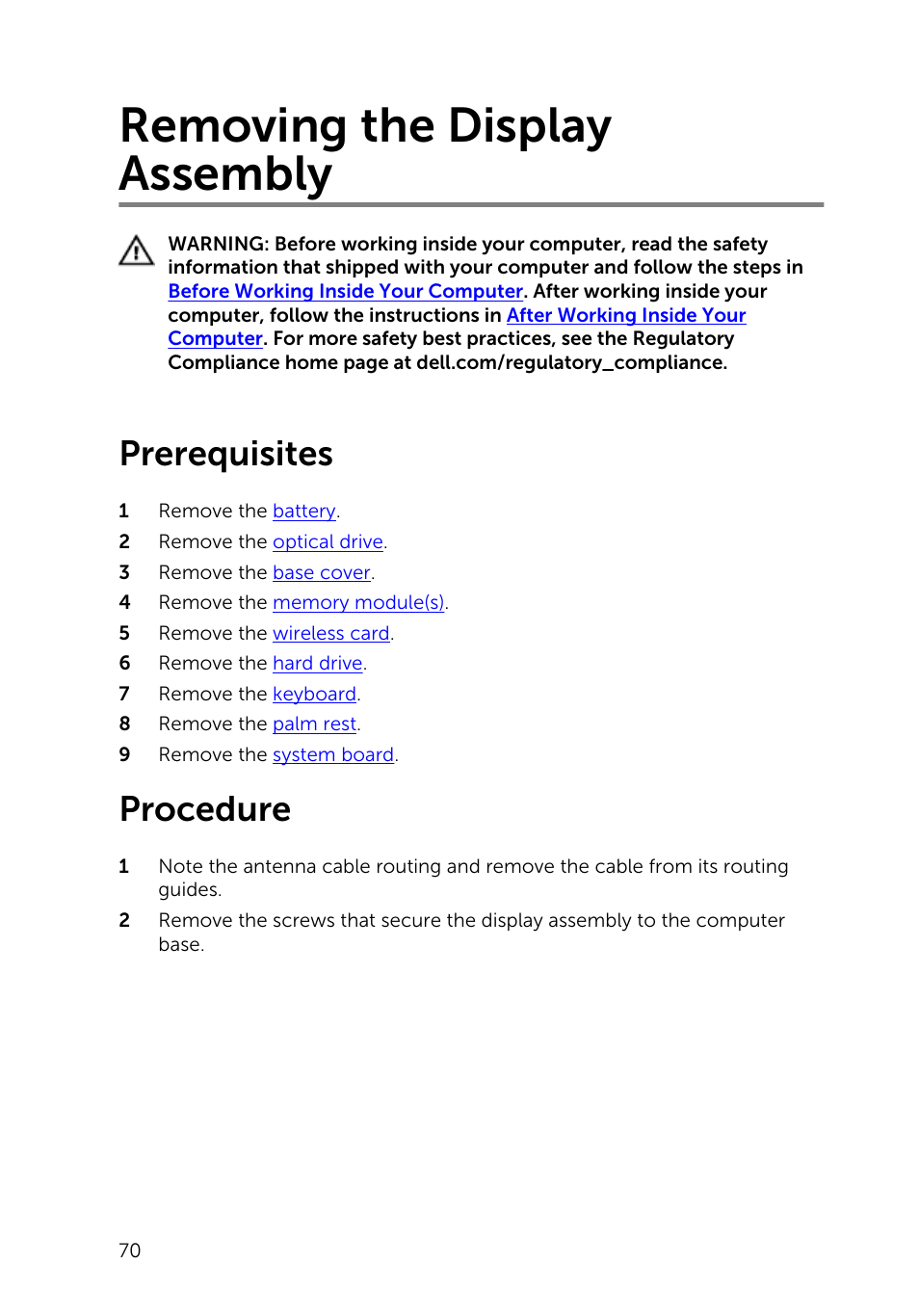 Removing the display assembly, Prerequisites, Procedure | Dell Inspiron 14 (3443, Early 2015) User Manual | Page 70 / 88