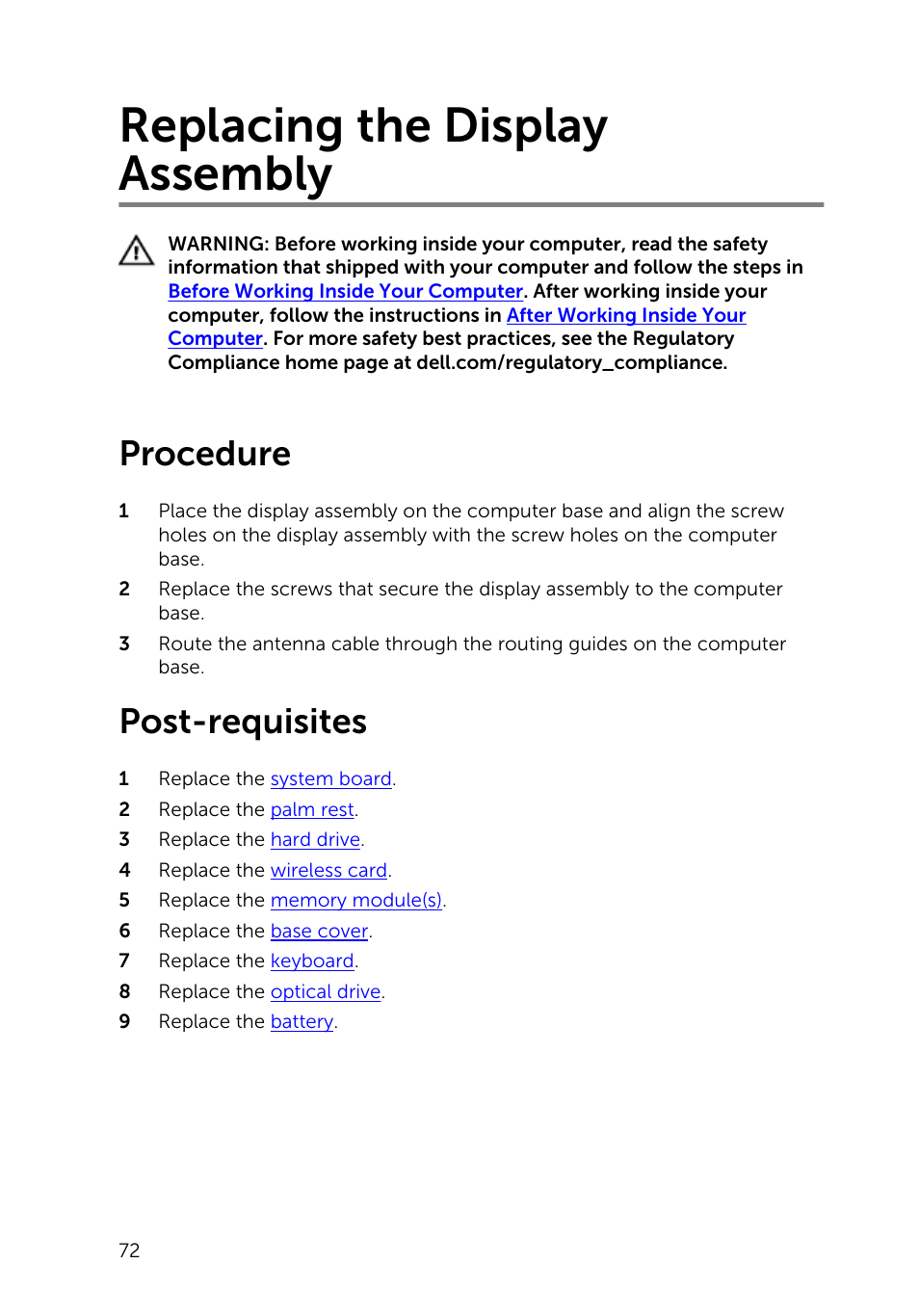 Replacing the display assembly, Procedure, Post-requisites | Dell Inspiron 14 (3443, Early 2015) User Manual | Page 72 / 88