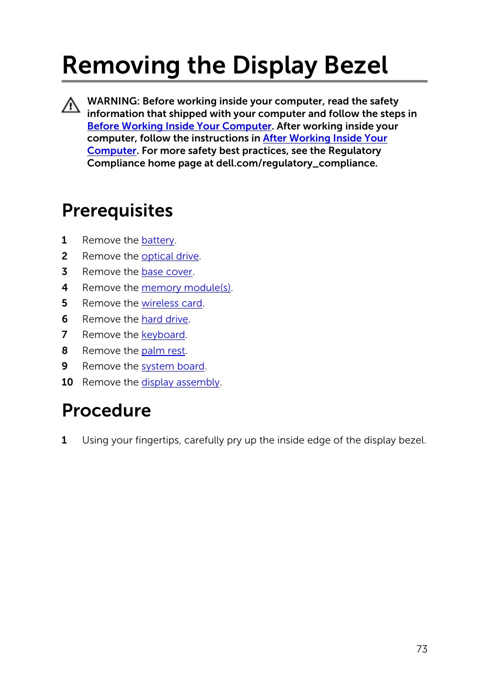 Removing the display bezel, Prerequisites, Procedure | Dell Inspiron 14 (3443, Early 2015) User Manual | Page 73 / 88