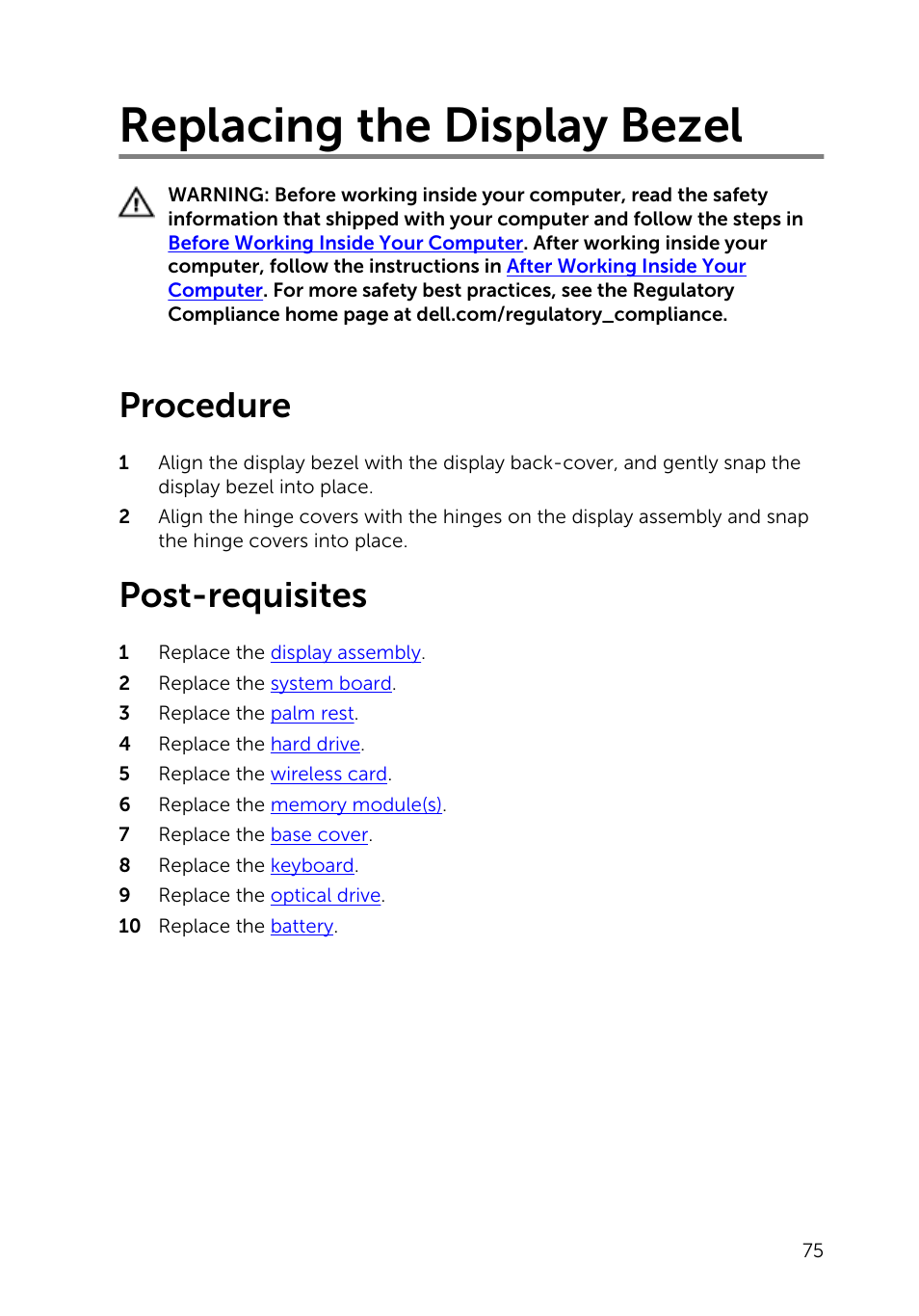 Replacing the display bezel, Procedure, Post-requisites | Dell Inspiron 14 (3443, Early 2015) User Manual | Page 75 / 88