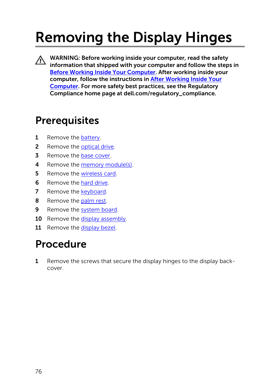 Removing the display hinges, Prerequisites, Procedure | Dell Inspiron 14 (3443, Early 2015) User Manual | Page 76 / 88