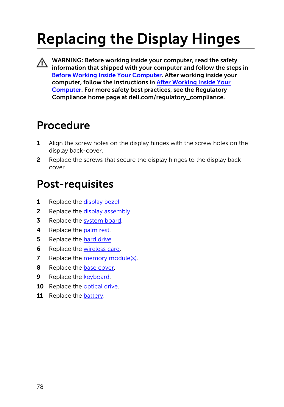 Replacing the display hinges, Procedure, Post-requisites | Dell Inspiron 14 (3443, Early 2015) User Manual | Page 78 / 88