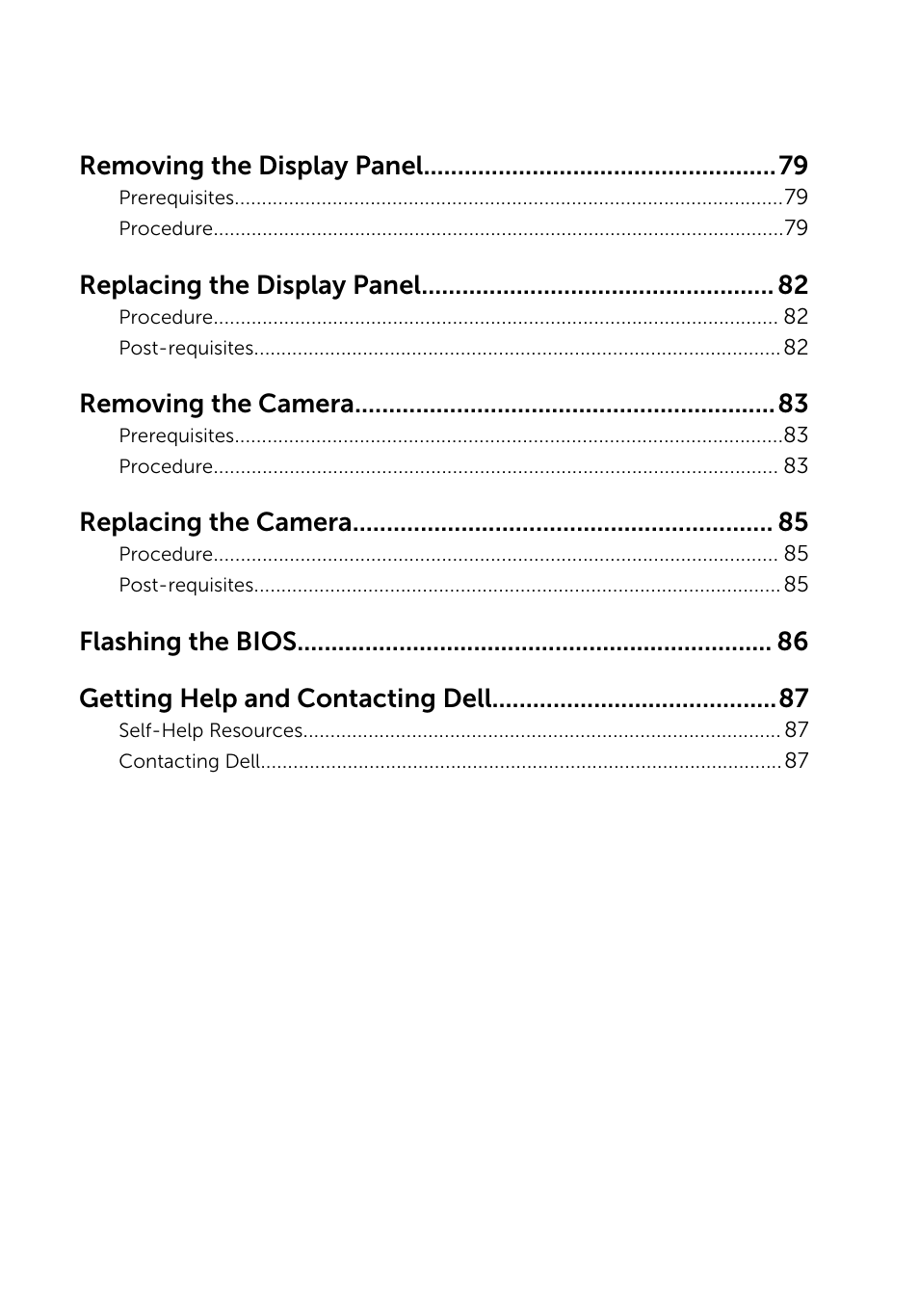 Removing the display panel, Replacing the display panel, Removing the camera | Replacing the camera, Flashing the bios getting help and contacting dell | Dell Inspiron 14 (3443, Early 2015) User Manual | Page 8 / 88