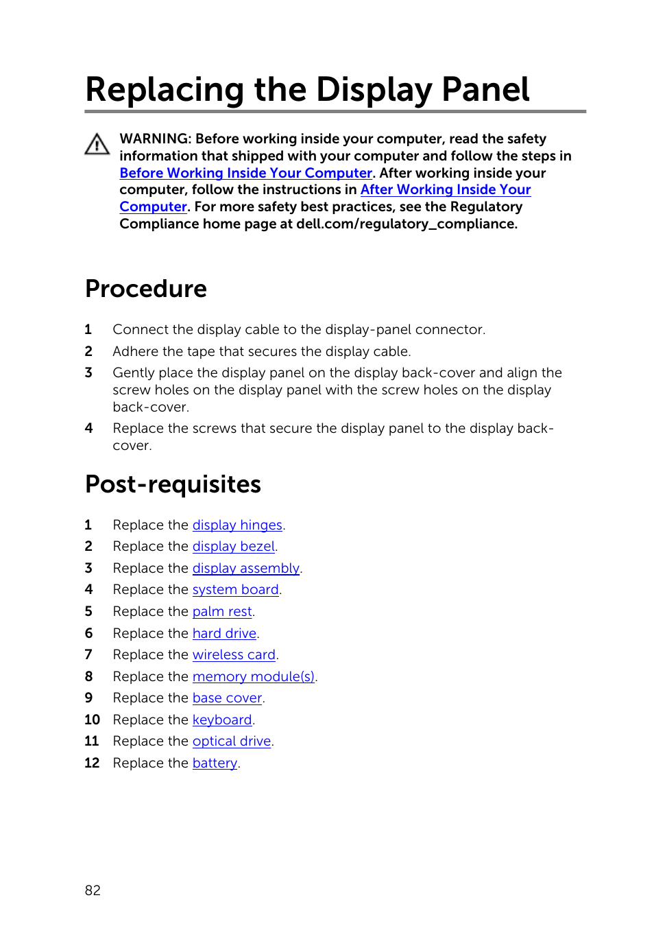 Replacing the display panel, Procedure, Post-requisites | Dell Inspiron 14 (3443, Early 2015) User Manual | Page 82 / 88