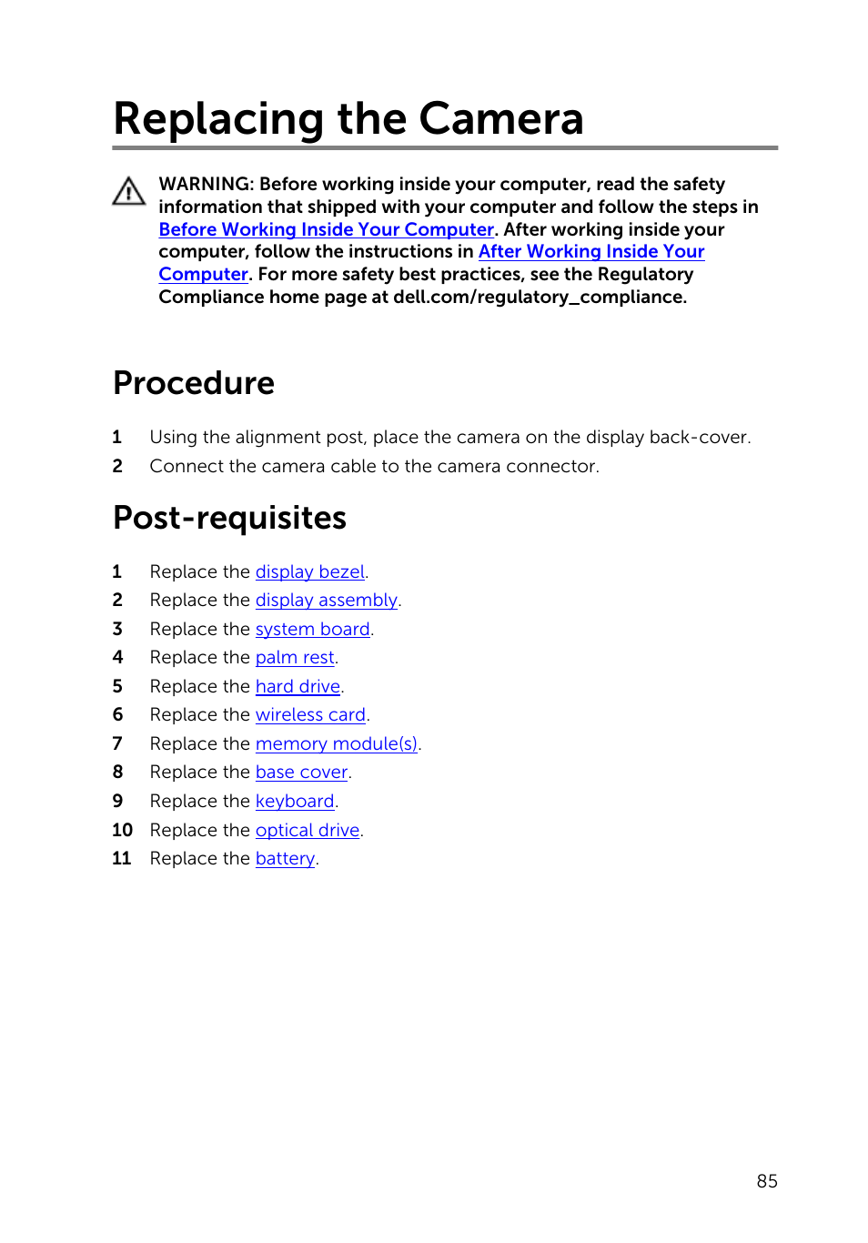 Replacing the camera, Procedure, Post-requisites | Dell Inspiron 14 (3443, Early 2015) User Manual | Page 85 / 88