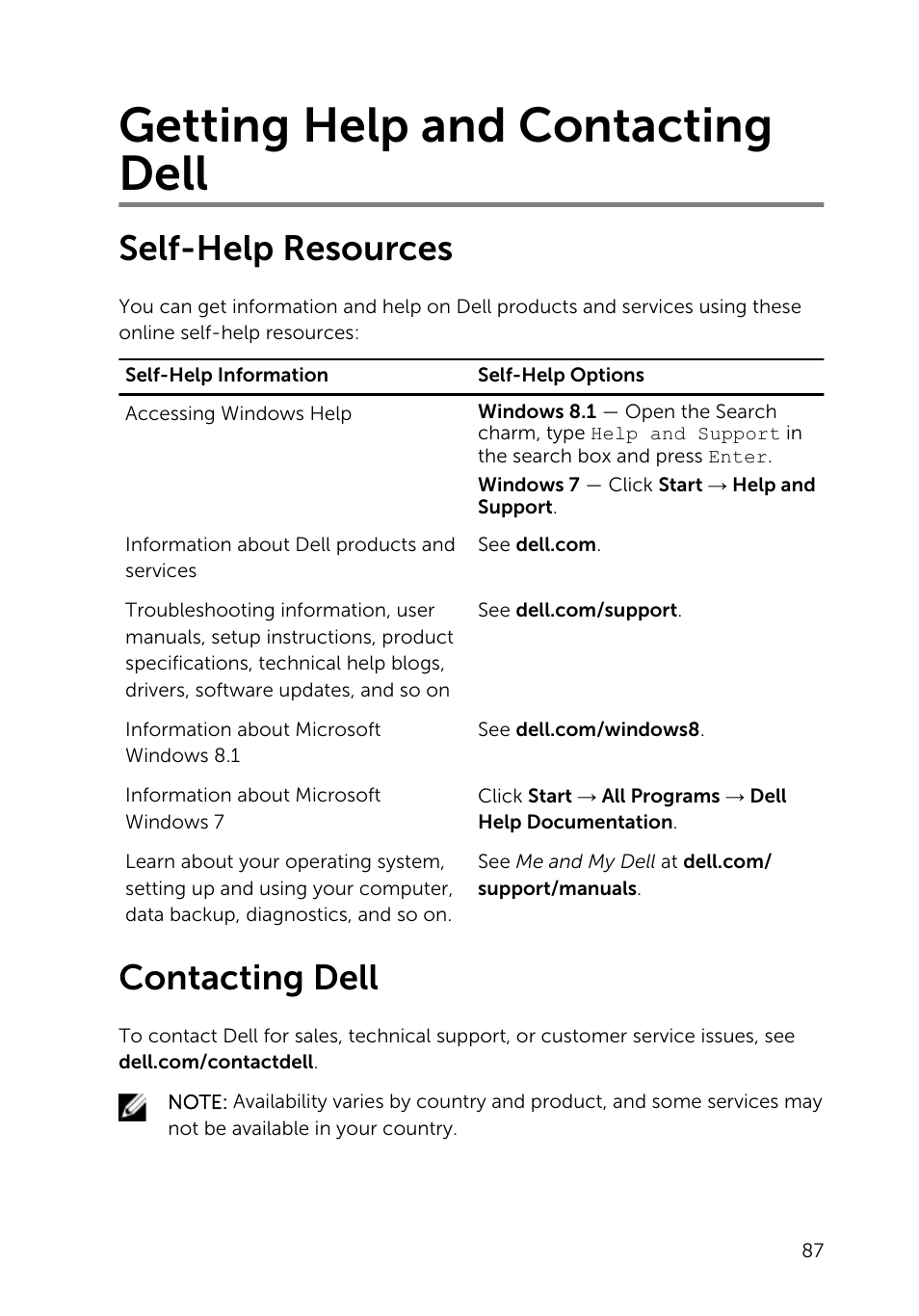 Getting help and contacting dell, Self-help resources, Contacting dell | Dell Inspiron 14 (3443, Early 2015) User Manual | Page 87 / 88