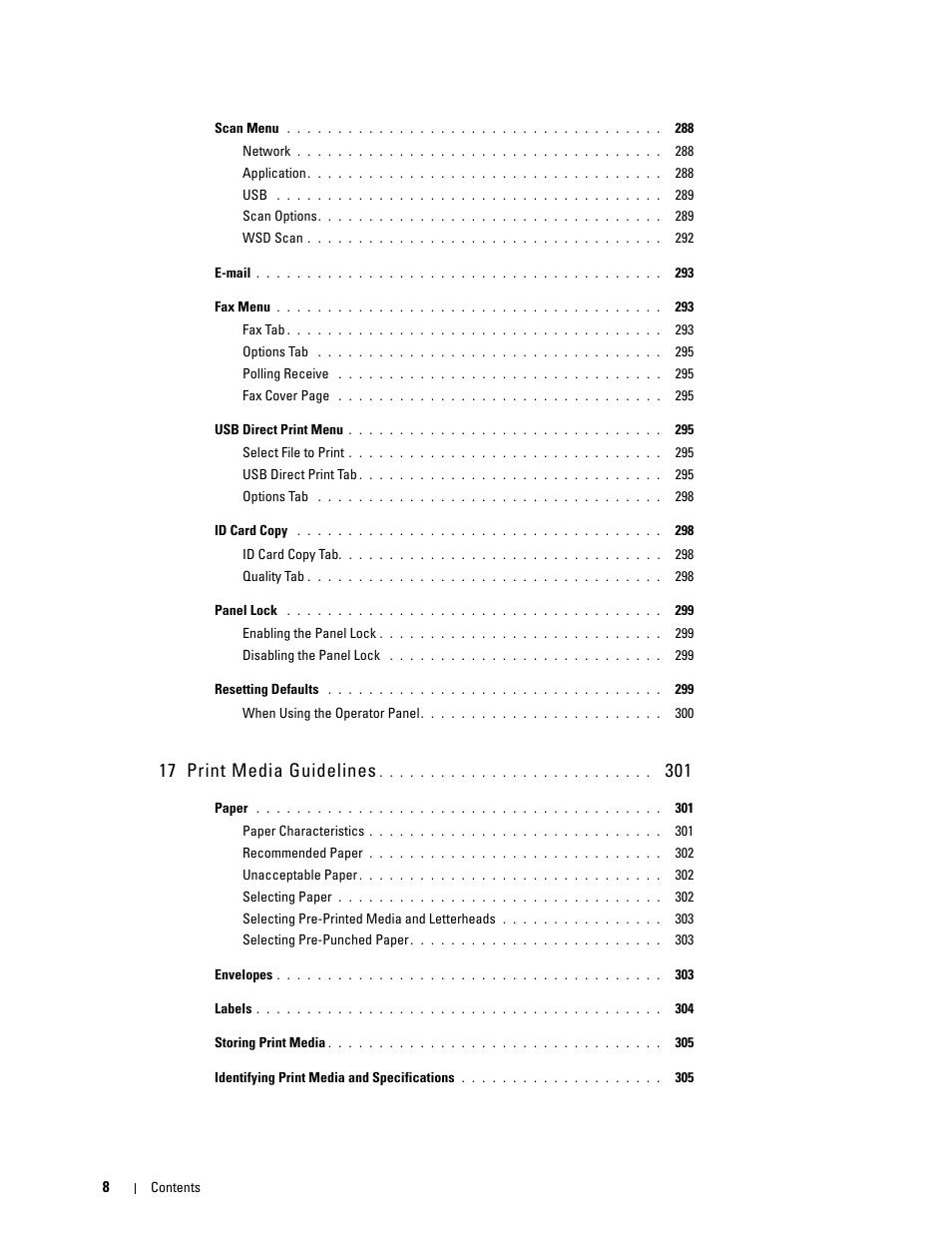 17 print media guidelines 301, 17 print media guidelines | Dell C3765dnf Color Laser Printer User Manual | Page 10 / 578