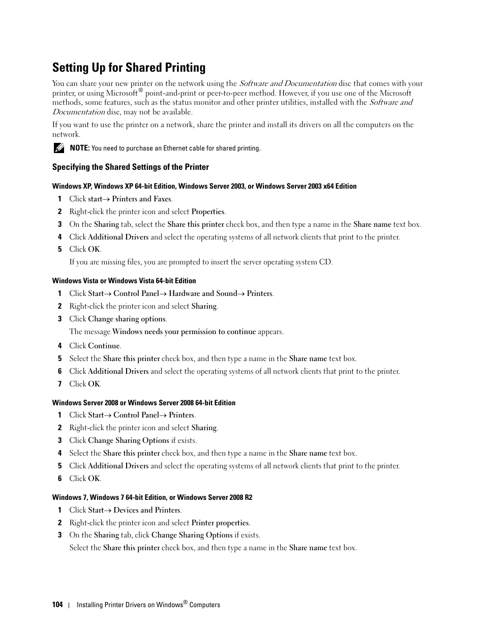 Setting up for shared printing, Specifying the shared settings of the printer | Dell C3765dnf Color Laser Printer User Manual | Page 106 / 578
