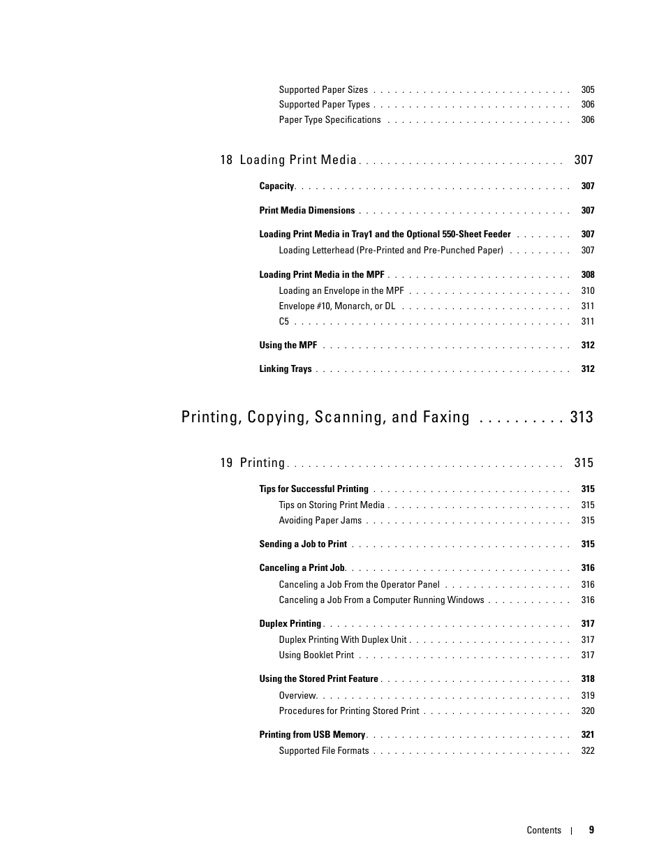 18 loading print media 307, 19 printing 315, Printing, copying, scanning, and faxing | 18 loading print media, 19 printing | Dell C3765dnf Color Laser Printer User Manual | Page 11 / 578
