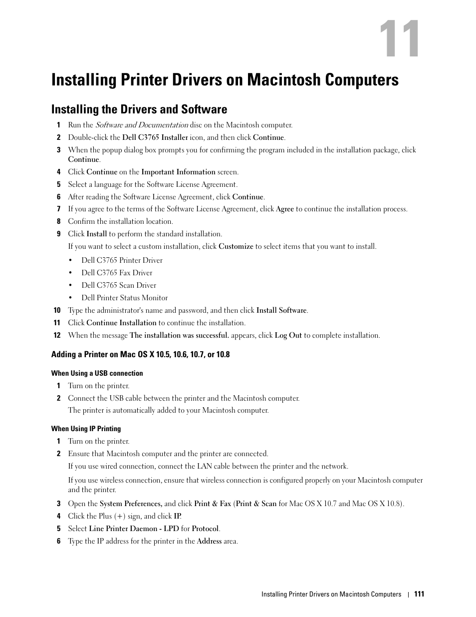 Installing printer drivers on macintosh computers, Installing the drivers and software | Dell C3765dnf Color Laser Printer User Manual | Page 113 / 578