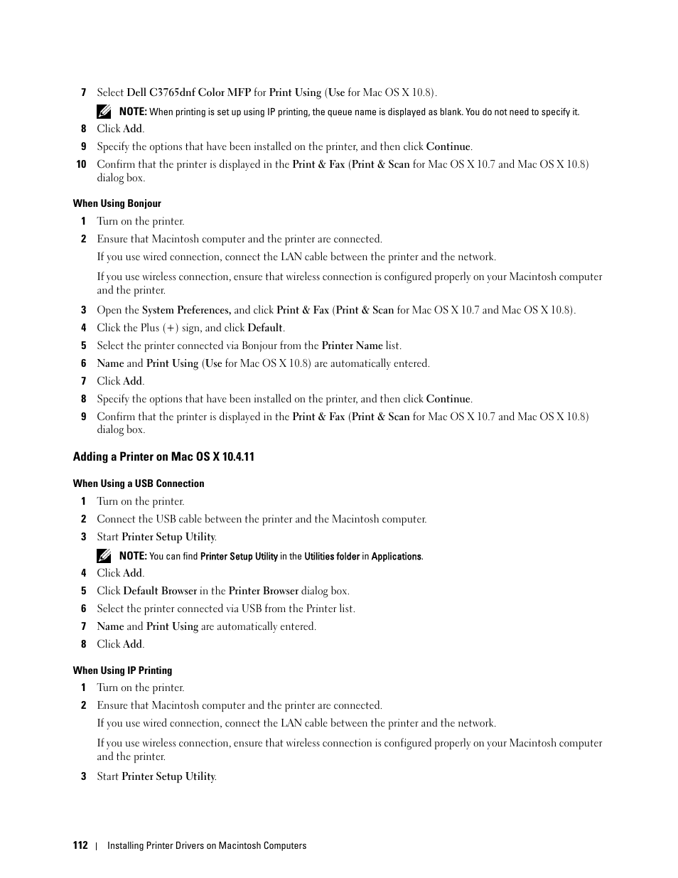 Adding a printer on mac os x 10.4.11 | Dell C3765dnf Color Laser Printer User Manual | Page 114 / 578