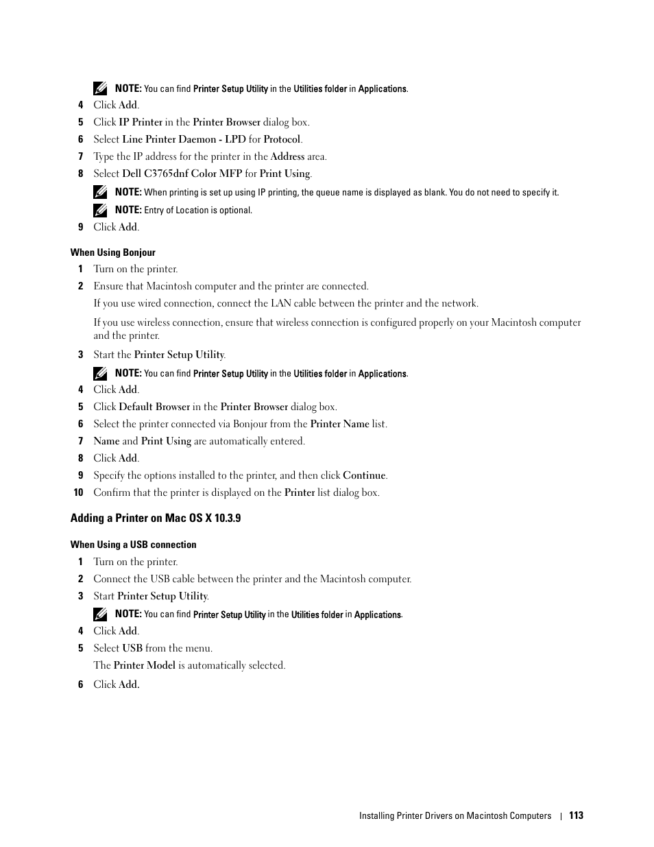Adding a printer on mac os x 10.3.9 | Dell C3765dnf Color Laser Printer User Manual | Page 115 / 578