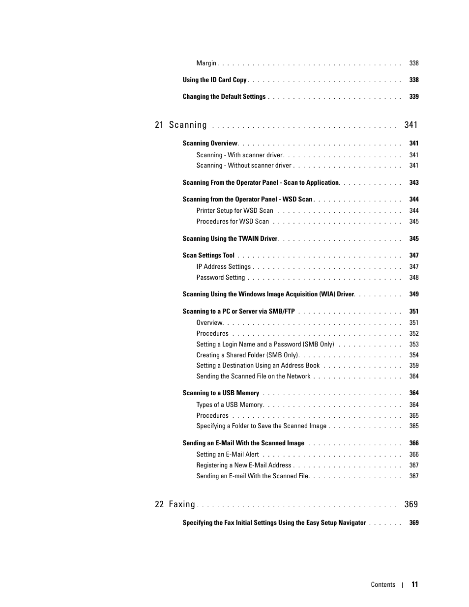 21 scanning 341, 22 faxing 369, 21 scanning | 22 faxing | Dell C3765dnf Color Laser Printer User Manual | Page 13 / 578