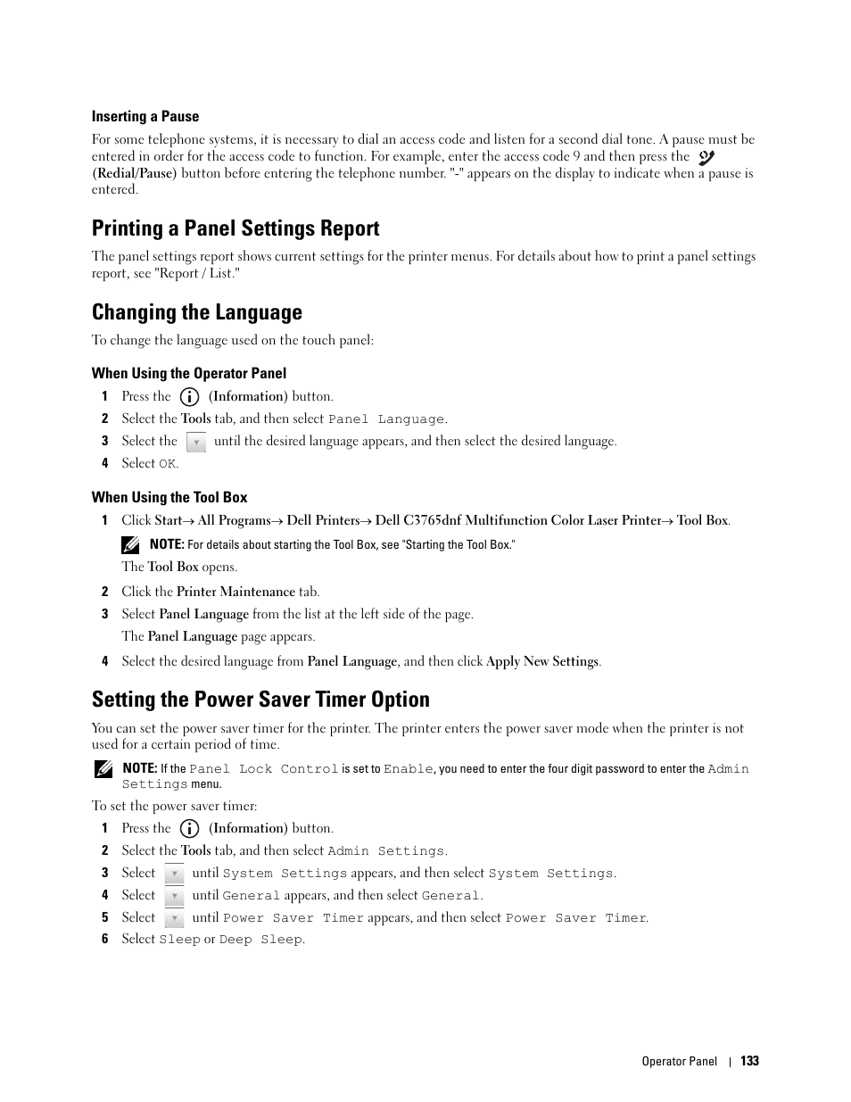 Inserting a pause, Printing a panel settings report, Changing the language | When using the operator panel, When using the tool box, Setting the power saver timer option | Dell C3765dnf Color Laser Printer User Manual | Page 135 / 578