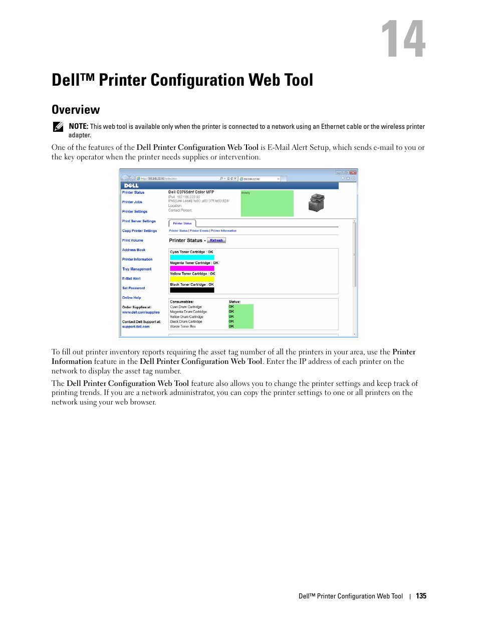 Dell™ printer configuration web tool, Overview, 14 dell™ printer configuration web tool | Dell C3765dnf Color Laser Printer User Manual | Page 137 / 578