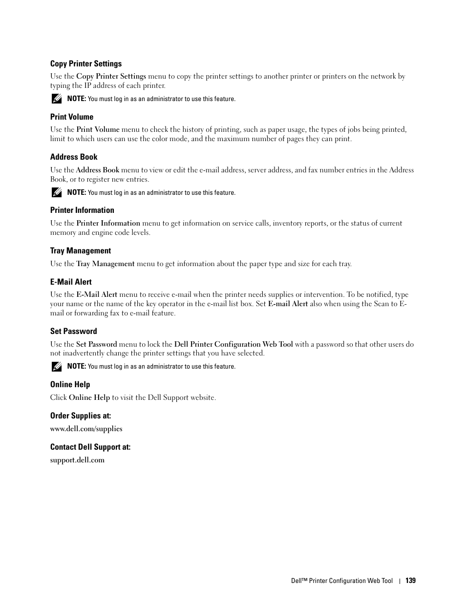 Copy printer settings, Print volume, Address book | Printer information, Tray management, E-mail alert, Set password, Online help, Order supplies at, Contact dell support at | Dell C3765dnf Color Laser Printer User Manual | Page 141 / 578