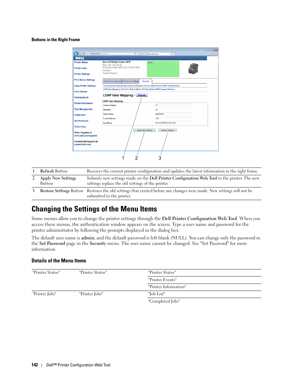 Changing the settings of the menu items, Details of the menu items | Dell C3765dnf Color Laser Printer User Manual | Page 144 / 578