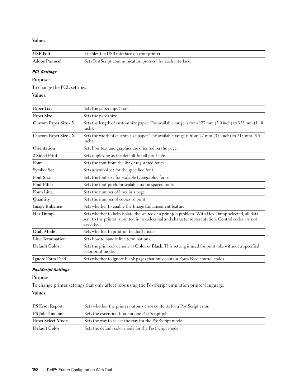 Pcl settings" "postscript settings | Dell C3765dnf Color Laser Printer User Manual | Page 160 / 578