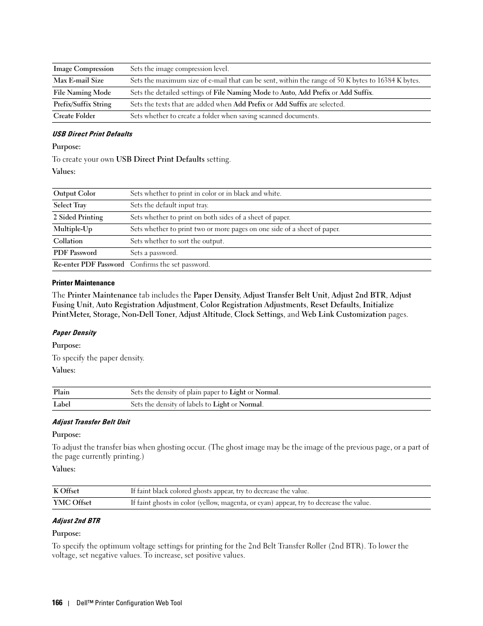 Usb direct print defaults, Printer maintenance | Dell C3765dnf Color Laser Printer User Manual | Page 168 / 578