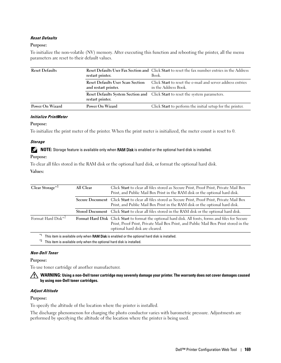 Reset defaults" "initialize printmeter" "storage, Non-dell toner" "adjust altitude | Dell C3765dnf Color Laser Printer User Manual | Page 171 / 578
