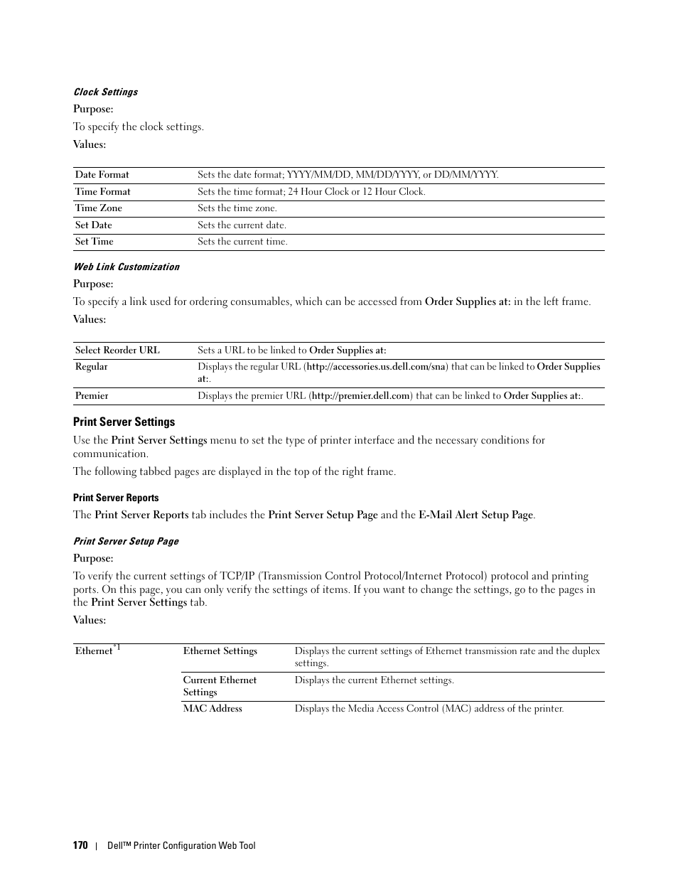 Print server settings, Clock settings" "web link customization, Print server reports | Dell C3765dnf Color Laser Printer User Manual | Page 172 / 578