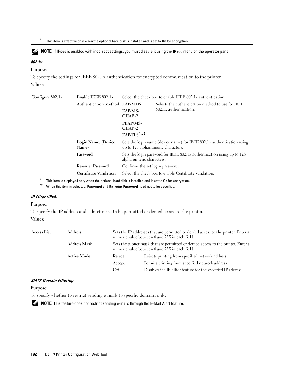 Ip filter (ipv4)" "smtp domain filtering | Dell C3765dnf Color Laser Printer User Manual | Page 194 / 578