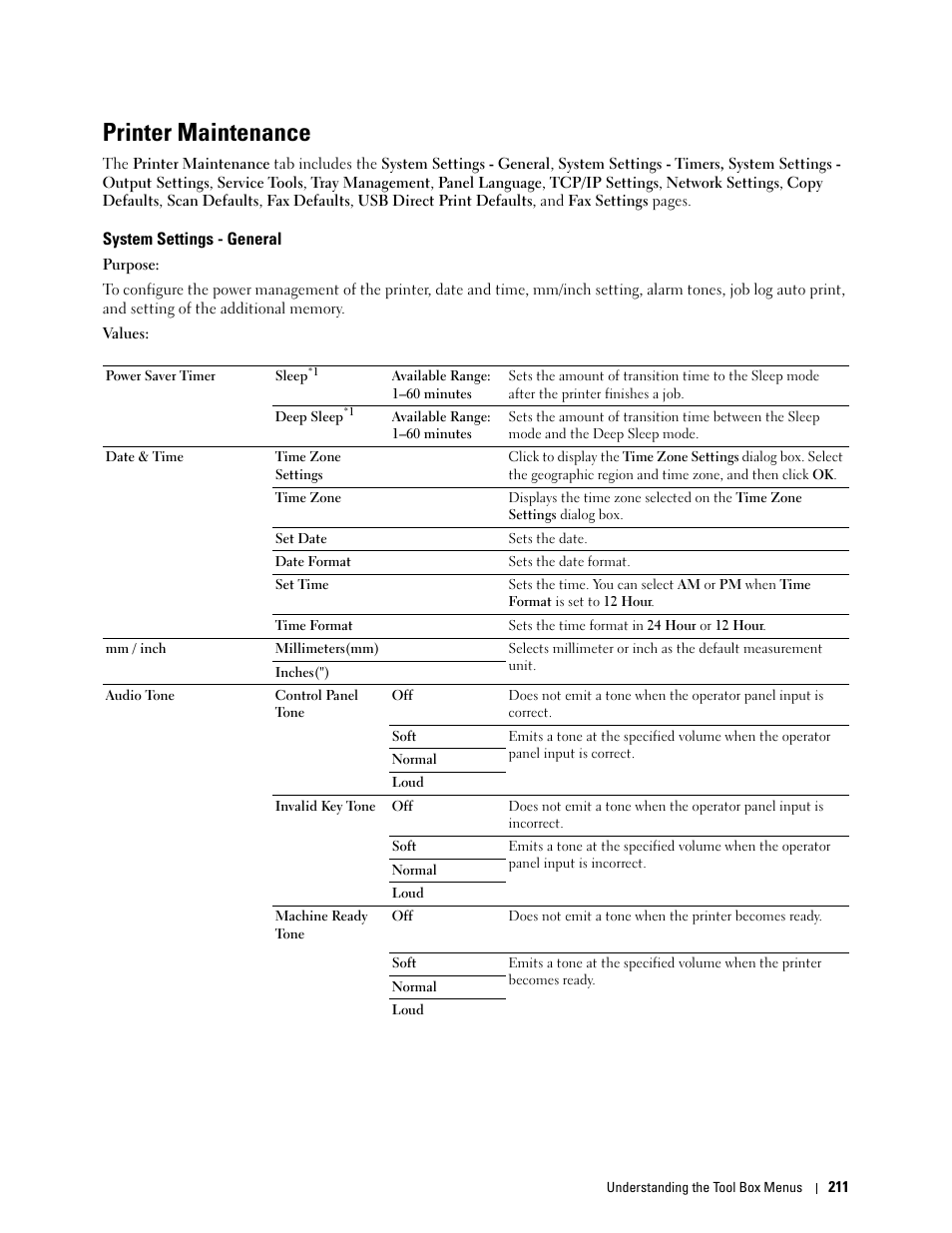 Printer maintenance, System settings - general | Dell C3765dnf Color Laser Printer User Manual | Page 213 / 578
