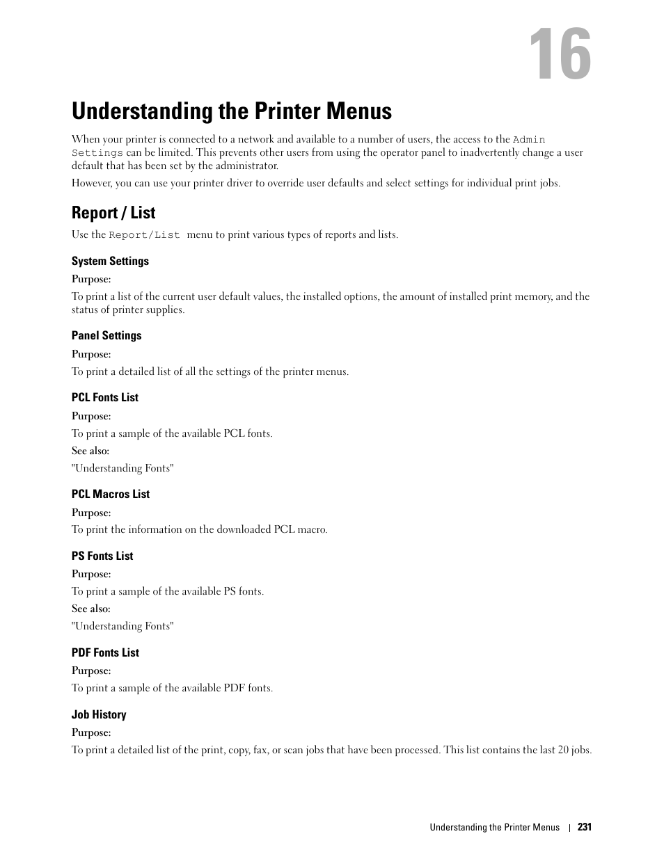 Understanding the printer menus, Report / list, System settings | Panel settings, Pcl fonts list, Pcl macros list, Ps fonts list, Pdf fonts list, Job history, 16 understanding the printer menus | Dell C3765dnf Color Laser Printer User Manual | Page 233 / 578