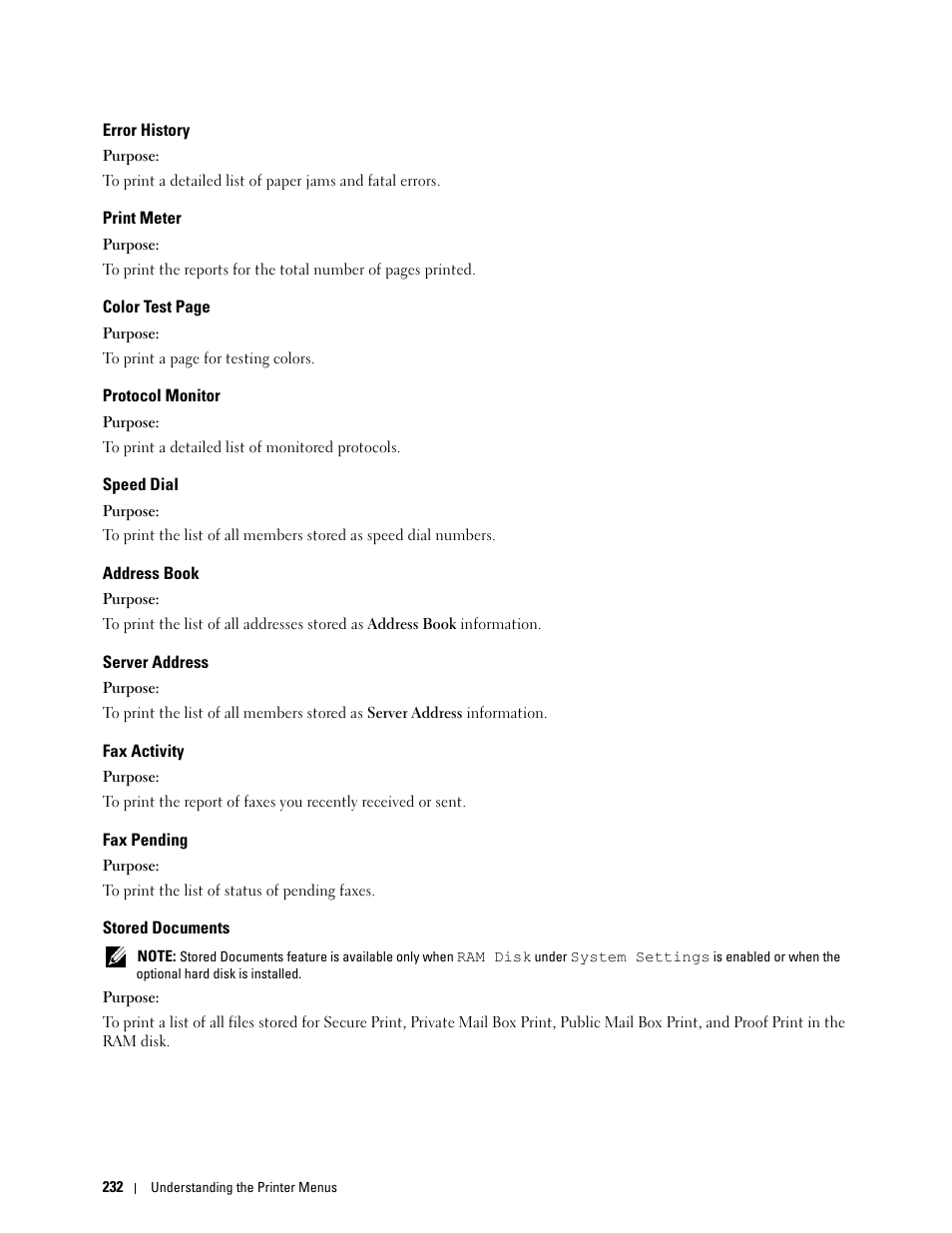 Error history, Print meter, Protocol monitor | Speed dial, Address book, Server address, Fax activity, Fax pending, Stored documents | Dell C3765dnf Color Laser Printer User Manual | Page 234 / 578