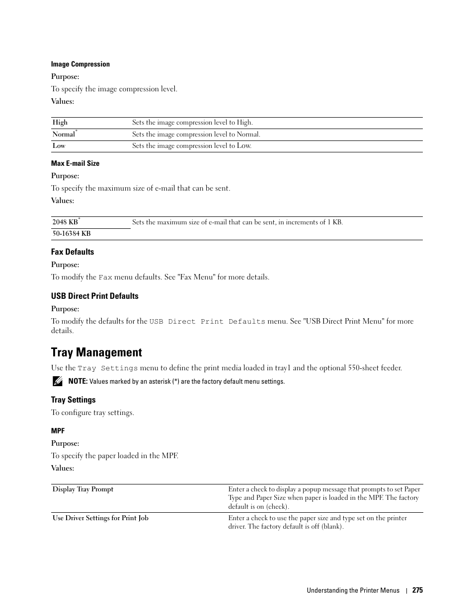 Fax defaults, Usb direct print defaults, Tray management | Tray settings | Dell C3765dnf Color Laser Printer User Manual | Page 277 / 578