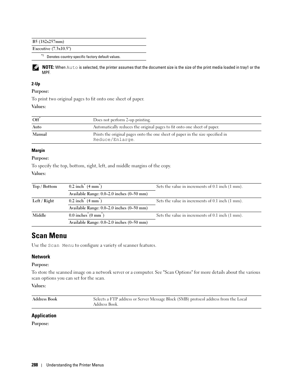 Scan menu, Network, Application | Dell C3765dnf Color Laser Printer User Manual | Page 290 / 578