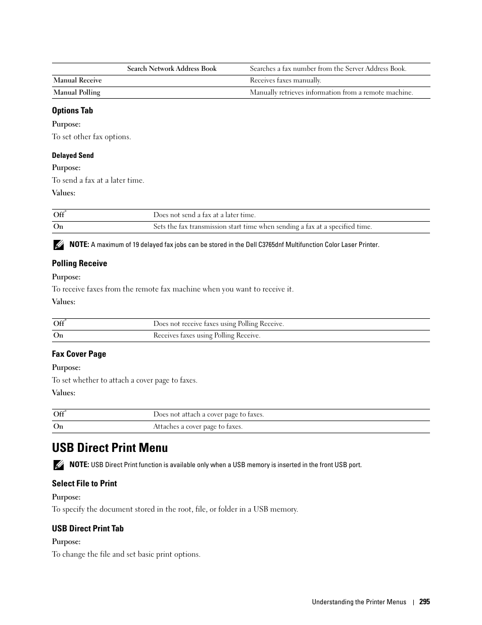 Options tab, Polling receive, Usb direct print menu | Select file to print, Usb direct print tab | Dell C3765dnf Color Laser Printer User Manual | Page 297 / 578