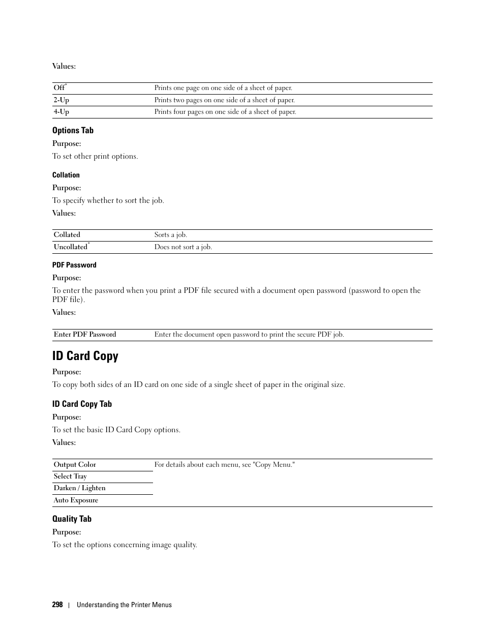 Options tab, Id card copy, Id card copy tab | Quality tab | Dell C3765dnf Color Laser Printer User Manual | Page 300 / 578