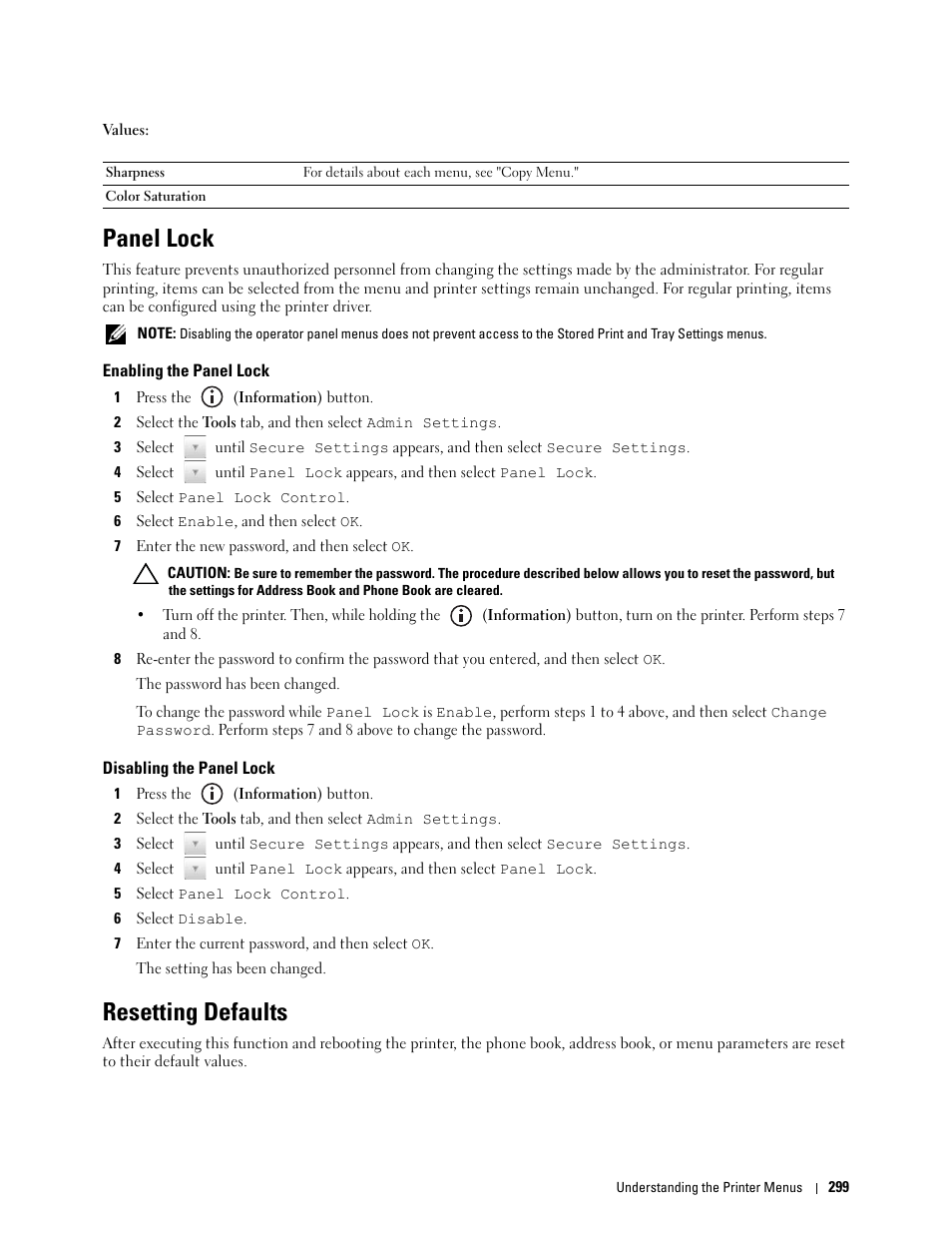 Panel lock, Enabling the panel lock, Disabling the panel lock | Resetting defaults | Dell C3765dnf Color Laser Printer User Manual | Page 301 / 578
