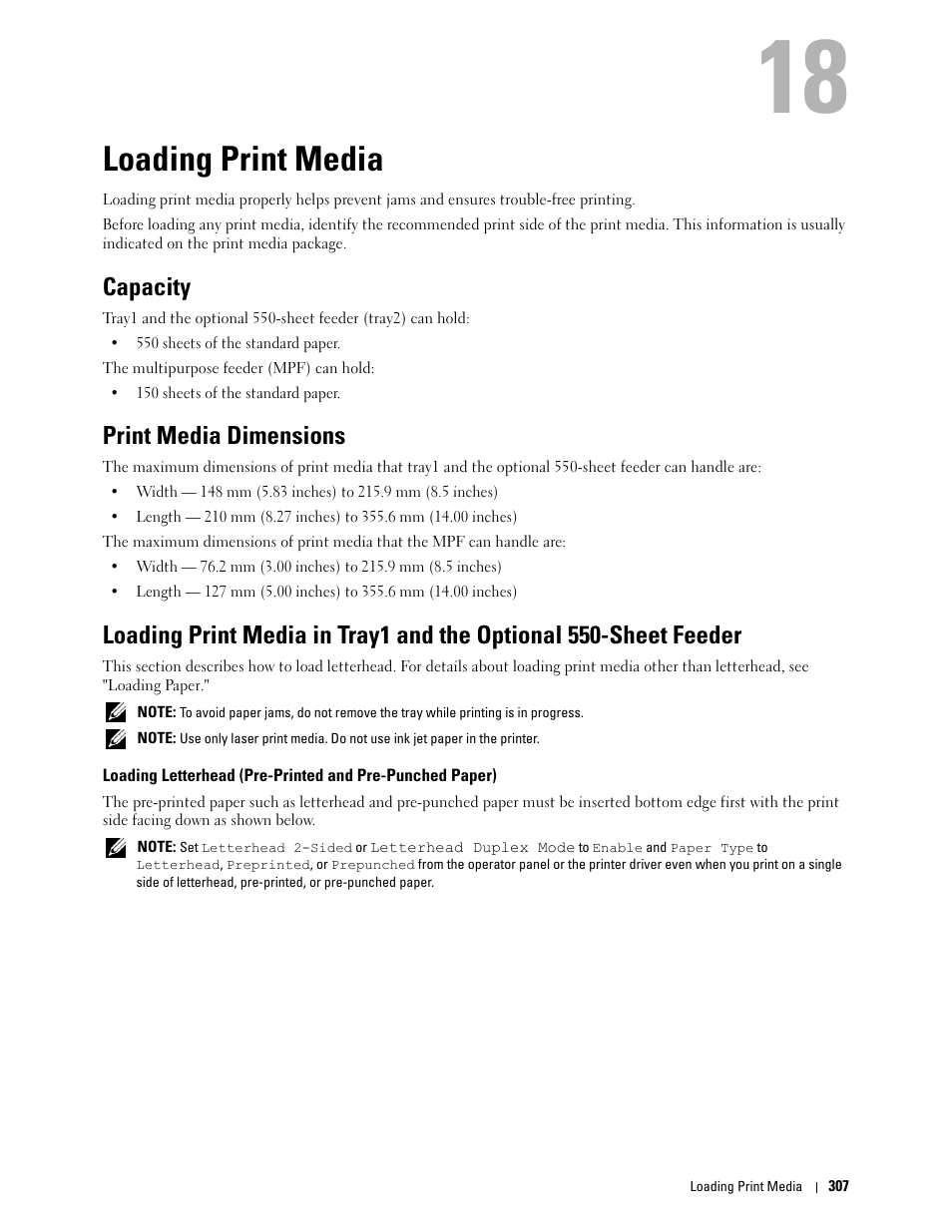 Loading print media, Capacity, Print media dimensions | 18 loading print media | Dell C3765dnf Color Laser Printer User Manual | Page 309 / 578